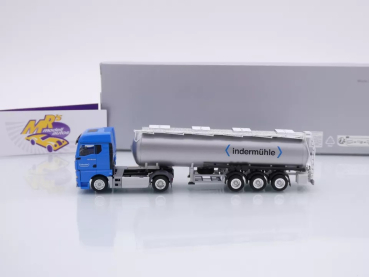 Preview: Herpa 957434 # MAN TGX GM Tank-Sattelzug silber-blau " Indermühle Schweiz " 1:87