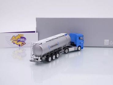 Preview: Herpa 957434 # MAN TGX GM Tank-Sattelzug silber-blau " Indermühle Schweiz " 1:87
