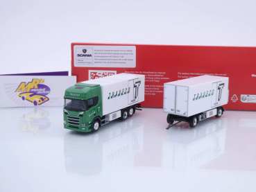 Herpa 317788 # Scania CR20 HD Kühlkoffer-Hängerzug weiß-grün " Traveco " 1:87