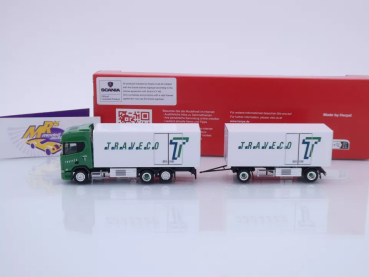 Preview: Herpa 317788 # Scania CR20 HD Kühlkoffer-Hängerzug weiß-grün " Traveco " 1:87