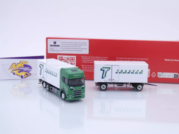 Preview: Herpa 317788 # Scania CR20 HD Kühlkoffer-Hängerzug weiß-grün " Traveco " 1:87