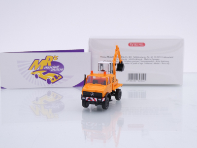 Wiking 0647 04 # Mercedes Unimog mit Bagger Baujahr 1975-93 " orange " 1:87