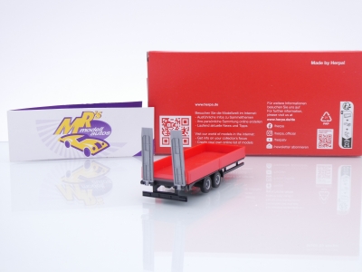 Preview: Herpa 076913-002 # LKW 2achs Tiefladetandemanhänger + Auffahrrampen " rot " 1:87