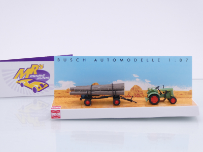 Preview: Busch 54152 # Fendt F 15 Dieselross Traktor mit Holz-Anhänger " grasgrün " 1:87