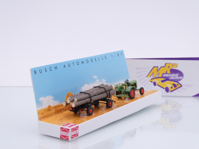 Preview: Busch 54152 # Fendt F 15 Dieselross Traktor mit Holz-Anhänger " grasgrün " 1:87