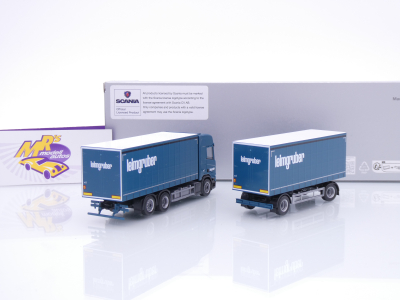 Preview: Herpa 958769 # Scania CR 20 HD Gardinenplanen-Hängerzug " Leimgruber " 1:87