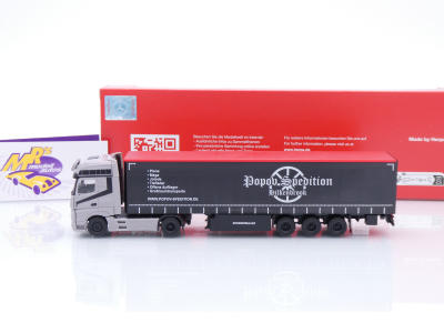 Preview: Herpa 318891 # Mercedes-Benz Actros 2/3-achs Gardinenplanen-SZ " Popov Spedition " 1:87