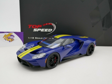 Top Speed TS0305 # Ford GT Baujahr 2020 " sunocoblau + gelbe Streifen " 1:18