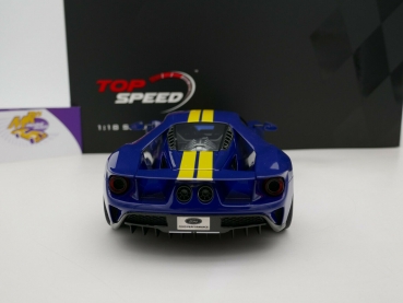 Top Speed TS0305 # Ford GT Baujahr 2020 " sunocoblau + gelbe Streifen " 1:18