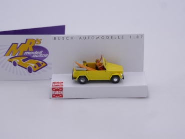 Preview: Busch 52721 # VW 181 Kurierwagen Baujahr 1970 mit Surfbrett und Fahrer " gelb " 1:87