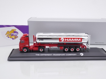 Preview: Herpa Werbemodell # VOLVO FH 16 2/3-Achs Chromsilo-Sattelzug rot-chrom " Spedition HAMM Neuwied - The Different Transport Company " 1:87