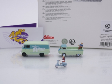 Preview: Schuco 26717 # MHI 3er Set MB L319 Kasten + VW T1 + Vespa Roller + 2 Figuren " Vespa Garage " 1:87