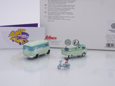 Preview: Schuco 26717 # MHI 3er Set MB L319 Kasten + VW T1 + Vespa Roller + 2 Figuren " Vespa Garage " 1:87