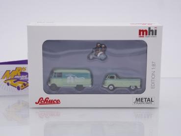 Preview: Schuco 26717 # MHI 3er Set MB L319 Kasten + VW T1 + Vespa Roller + 2 Figuren " Vespa Garage " 1:87