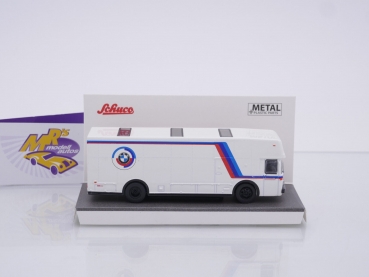Preview: Schuco 26681 # Mercedes Benz Renntransporter weiß-blau-rot " BMW Motorsport " 1:87