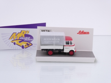 Preview: Schuco 26713-2 # Mercedes Benz L319 Pritschenwagen rot-weiß " MÄRKLIN Sprint - MHI " 1:87