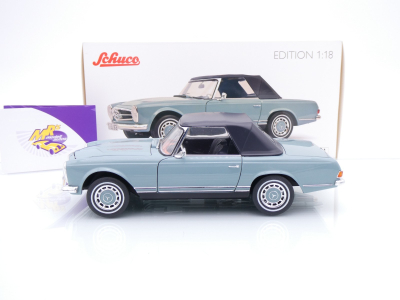 Preview: Schuco 00600 # Mercedes-Benz 280 SL Pagode Cabriolet mit Verdeck Baujahr 1968 " horizantblaumetallic " 1:18