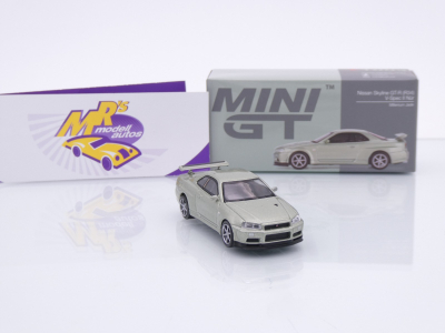 Preview: TSM MINI GT MGT01003-R # Nissan Skyline R34 GT-R V-Spec 2002 RHD " hellgrünmetallic ( Millenium Jade ) " 1:64