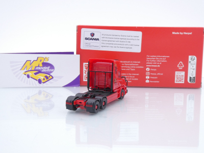 Preview: Herpa 319423 # Scania Hauber 04 Topline 6x4 3-achs Zugmaschine " rot " 1:87