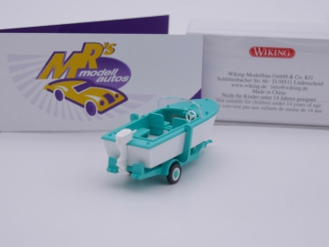 Preview: Wiking 0095 03 # Motorboot auf Anhänger " mintgrün-weiß " 1:87
