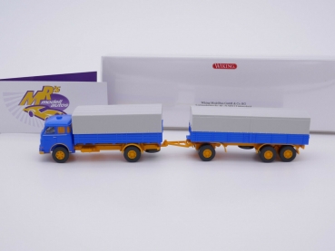Preview: Wiking 0416 04 # MAN Pausbacke Pritschen-/Planenhängerzug " blau-gelb " 1:87