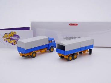 Preview: Wiking 0416 04 # MAN Pausbacke Pritschen-/Planenhängerzug " blau-gelb " 1:87