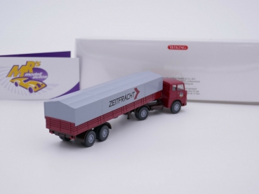 Preview: Wiking 0514 07 # Henschel Pritschensattelzug dunkelrot-grau " Zeitfracht " 1:87