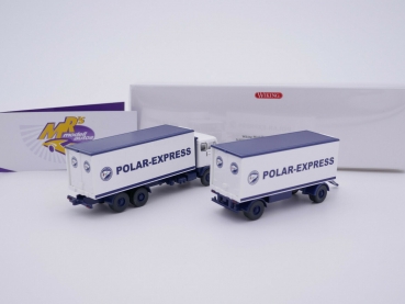 Preview: Wiking 0457 04 # Volvo F88 Kofferlastzug weiß-blau " Polar Express " 1:87