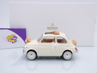Preview: Norev 187780 # Fiat 500L Kleinwagen offen elfenbein Baujahr 1968 " Hochzeitsauto " 1:18