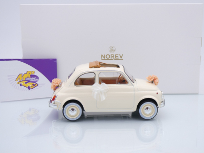 Preview: Norev 187780 # Fiat 500L Kleinwagen offen elfenbein Baujahr 1968 " Hochzeitsauto " 1:18