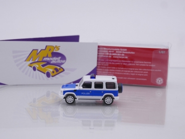 Preview: Herpa 097222 # Mercedes-Benz G-Klasse weiß-blau " Polizei Brandenburg Land " 1:87