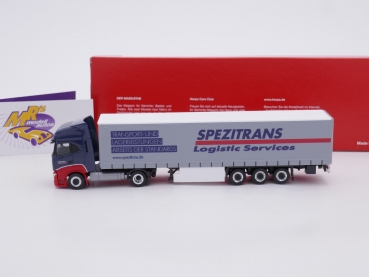 Preview: Herpa 315258 # Iveco S-Way LNG Gardinenplanen-Sattelzug " Spezitrans " 1:87