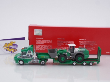Preview: Herpa 315562 # Scania Hauber Goldhofer 2/3-achs Allrounder-Sattelzug mit Liebherr Radlader " Funke Visbek " 1:87