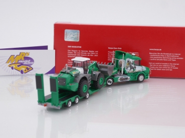 Preview: Herpa 315562 # Scania Hauber Goldhofer 2/3-achs Allrounder-Sattelzug mit Liebherr Radlader " Funke Visbek " 1:87