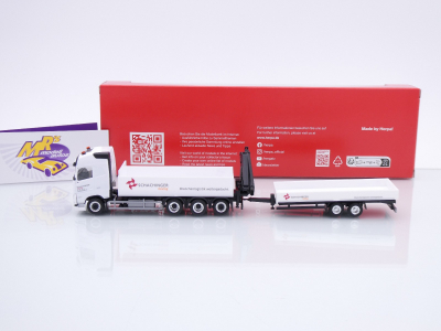 Preview: Herpa 319119 # Volvo FH GL Pritschen-LKW Tandemanhänger " Schachinger " 1:87