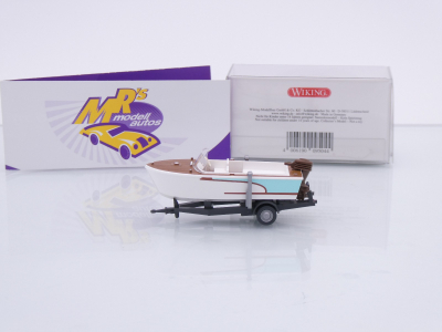 Preview: Wiking 0095 04 # Motorboot auf Anhänger Baujahr 1961-65 " weiß-braun-türkis " 1:87