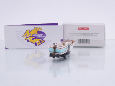 Preview: Wiking 0095 04 # Motorboot auf Anhänger Baujahr 1961-65 " weiß-braun-türkis " 1:87