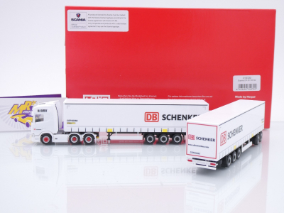 Preview: Herpa 319720 # Scania CR 20 Gardinenplanen-SZ + Anhänger " DB Schenker " 1:87