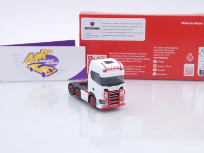 Preview: Herpa 314053-006 # Scania CS 20 HD 6x4 3-achs Zugmaschine " weiß-rot " 1:87
