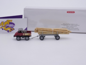 Preview: Wiking 0870 06 # MB Unimog U 411 mit Langholzanhänger " rot-beige-grau " 1:87