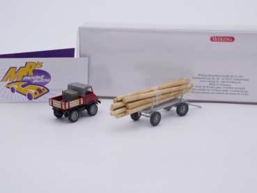 Preview: Wiking 0870 06 # MB Unimog U 411 mit Langholzanhänger " rot-beige-grau " 1:87
