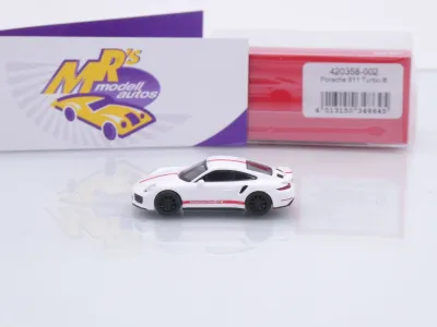 Preview: Herpa 420358-002 # Porsche 911 (991) Turbo Baujahr 2013 " weiß-rot " 1:87