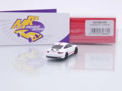 Preview: Herpa 420358-002 # Porsche 911 (991) Turbo Baujahr 2013 " weiß-rot " 1:87