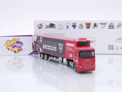 Preview: Herpa 962131 # Iveco S-Way Kühlkoffer-SZ " Penny DEL / Grizzlys Wolfsburg " 1:87