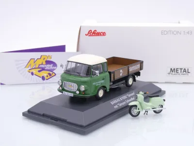Schuco 07300 # Barkas B1000 Pritsche + Simson Schwalbe Moped " IFA Erfurt " 1:43