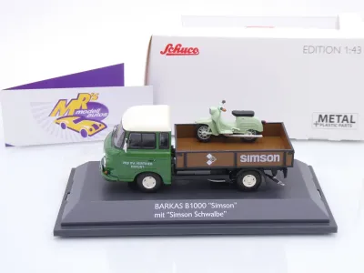 Preview: Schuco 07300 # Barkas B1000 Pritsche + Simson Schwalbe Moped " IFA Erfurt " 1:43