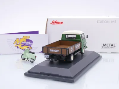 Preview: Schuco 07300 # Barkas B1000 Pritsche + Simson Schwalbe Moped " IFA Erfurt " 1:43