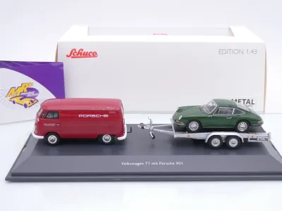 Preview: Schuco 07313 # VW T1 mit Anhänger + Porsche 911 901 " Porsche Renndienst " 1:43