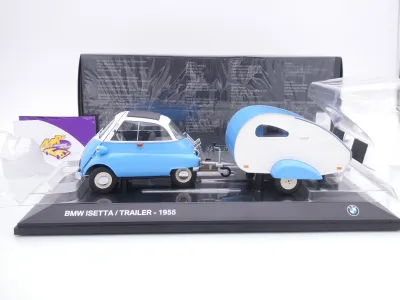 Preview: Minichamps 80435B5D028 # BMW Isetta mit Wohnwagen Baujahr 1955 " hellblau-weiß " 1:18