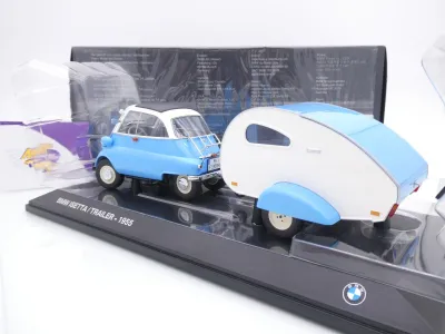 Preview: Minichamps 80435B5D028 # BMW Isetta mit Wohnwagen Baujahr 1955 " hellblau-weiß " 1:18
